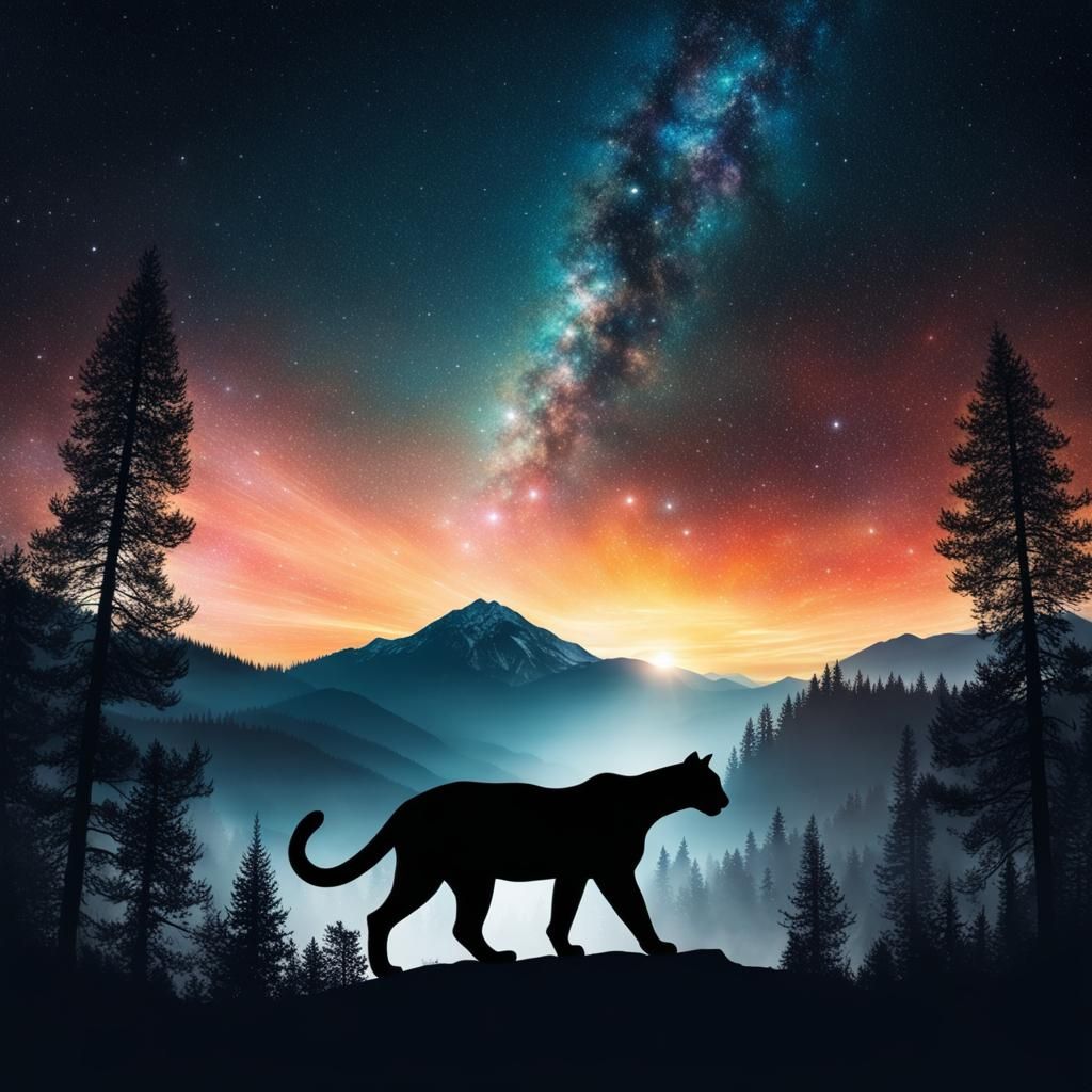 Sunset Silhouette: Forest, Cougar, Stars, and Galaxies