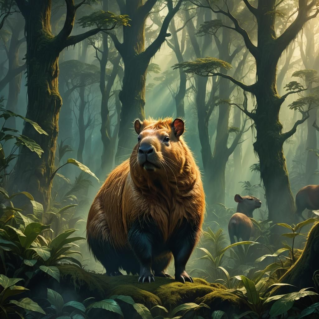 Heroic Capybara in Mystical Forest, Fantasy Concept Art