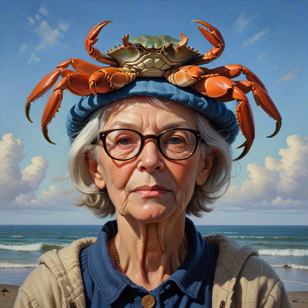 Elderly Woman's Portrait with Crab, Oil Painting