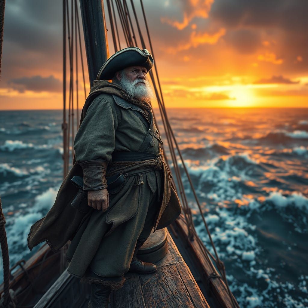 Weathered Sailor Stands Tall on Stormy Sea