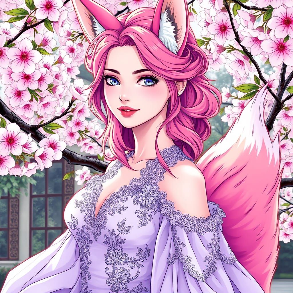 Ethereal Goddess in Whimsical Cherry Blossom Garden