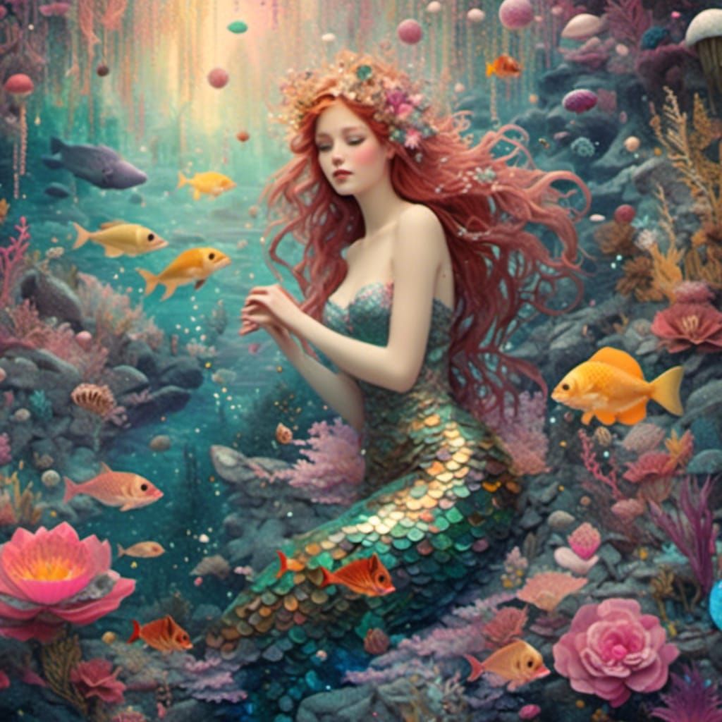 Colorful Mermaid Collage with Vintage Elements