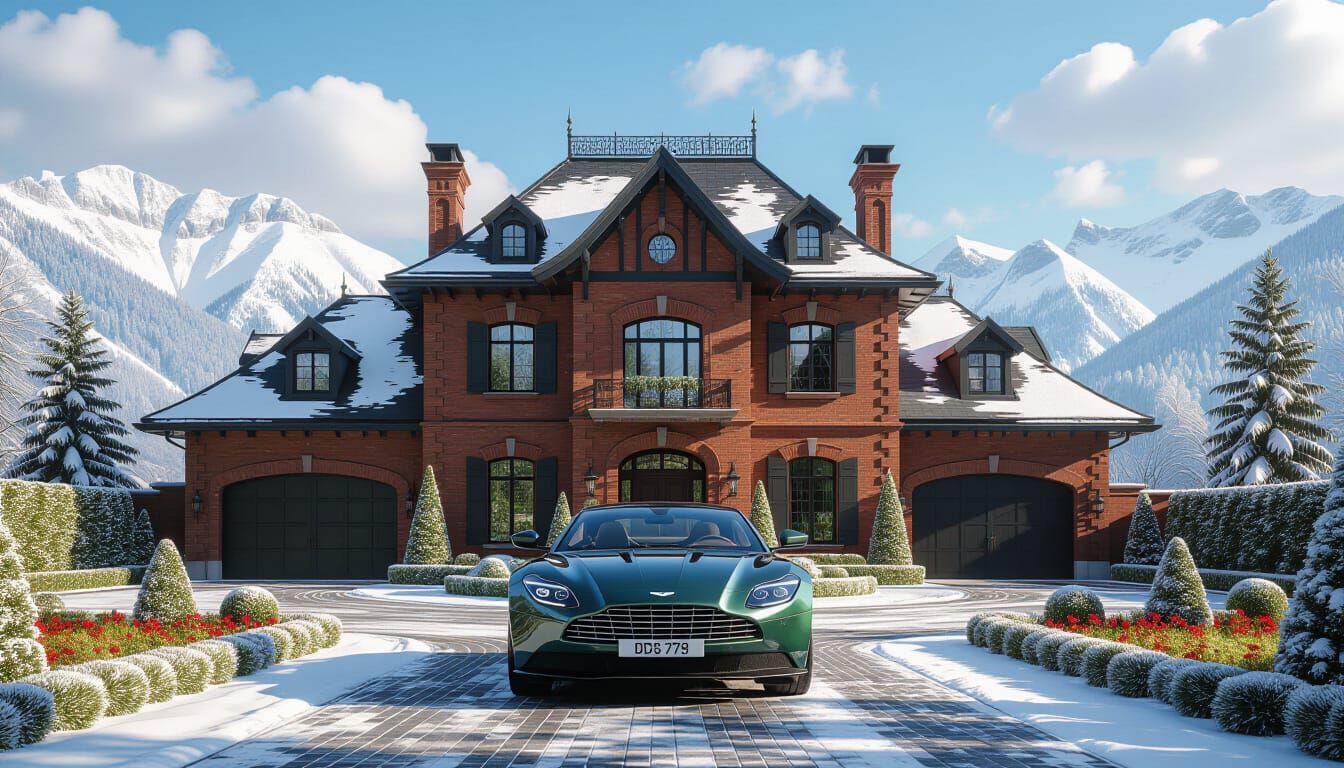 Victorian Chateau With Aston Martin in Snowy Garden