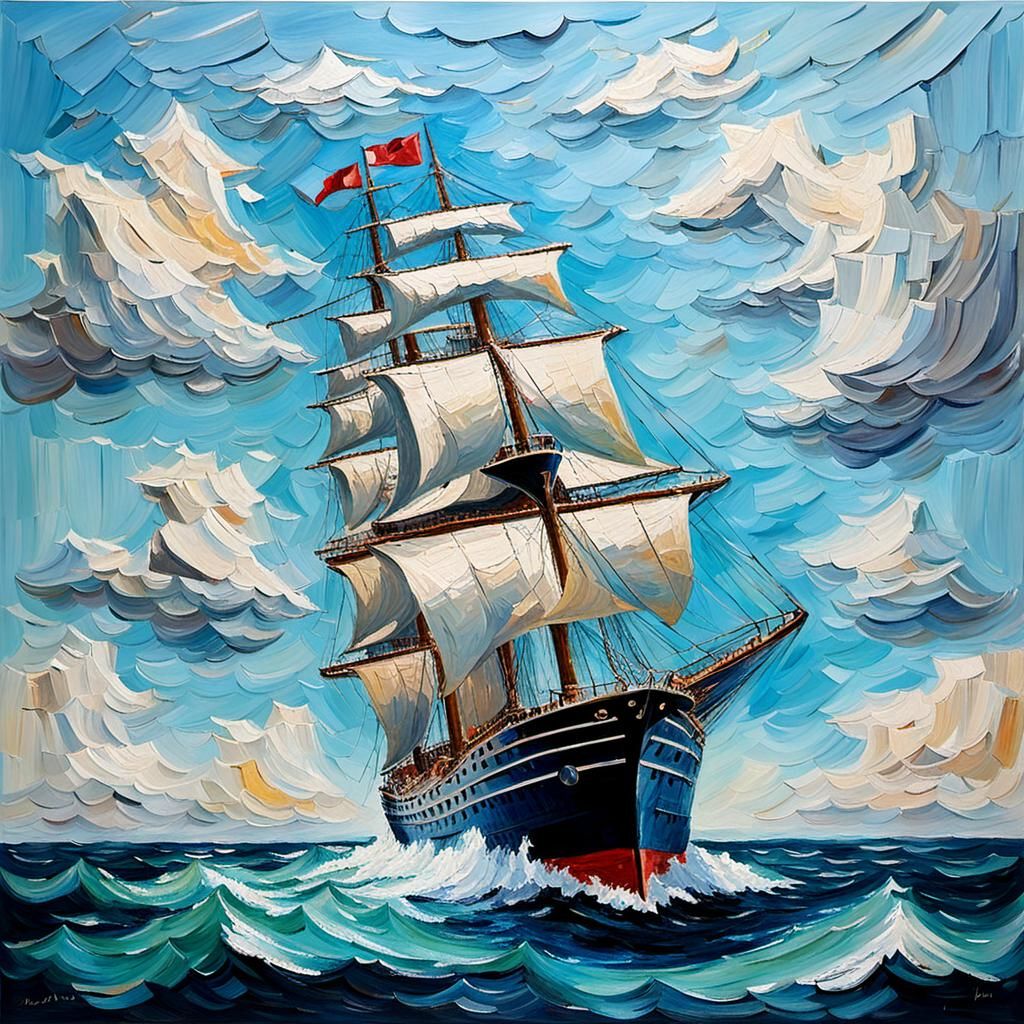 Dramatic Ship at Sea: Impasto Painting