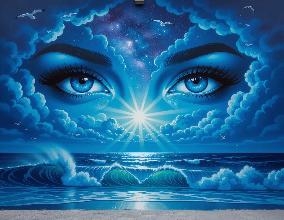 Dramatic Airbrush Art of Eyes in Stormy Sky