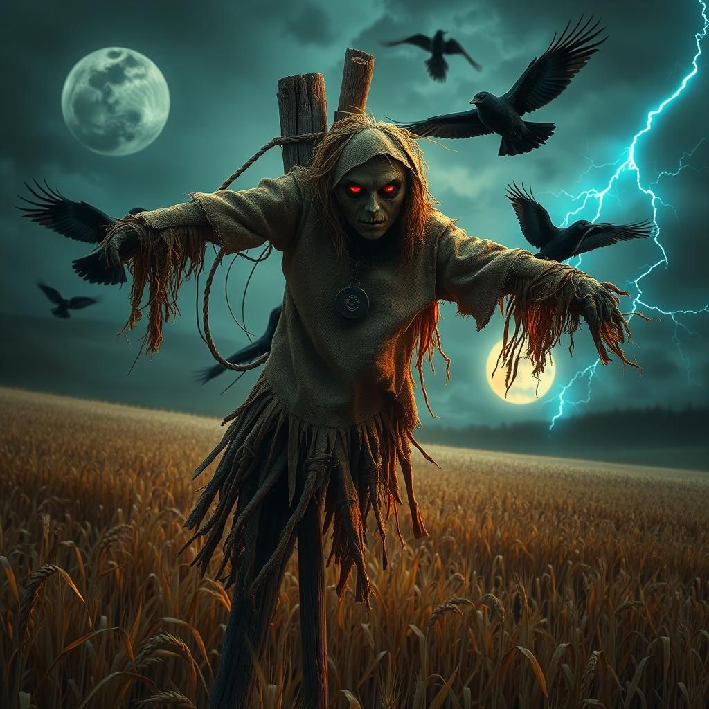 Eerie Scarecrow in Stormy Field, Gothic Art