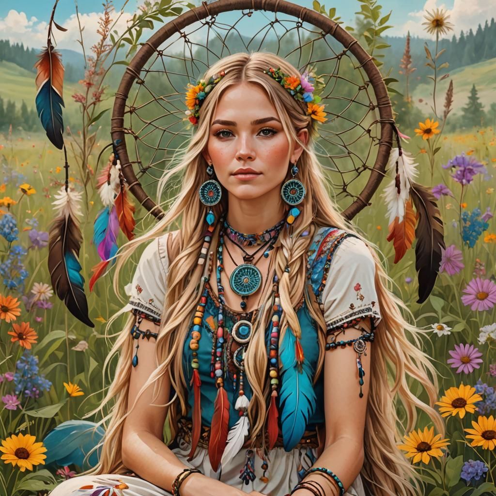 Boho Hippie Girl in Lush Meadow