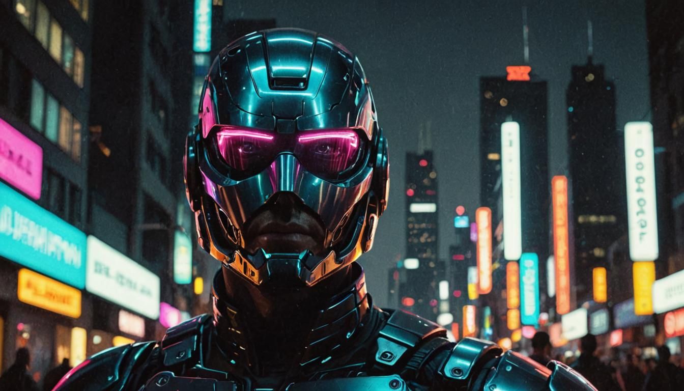 Robocop in Cyberpunk Neon Cityscape