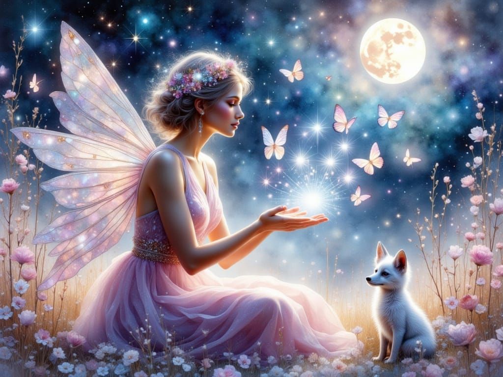Ethereal Fairy and Fox in Moonlit Meadow