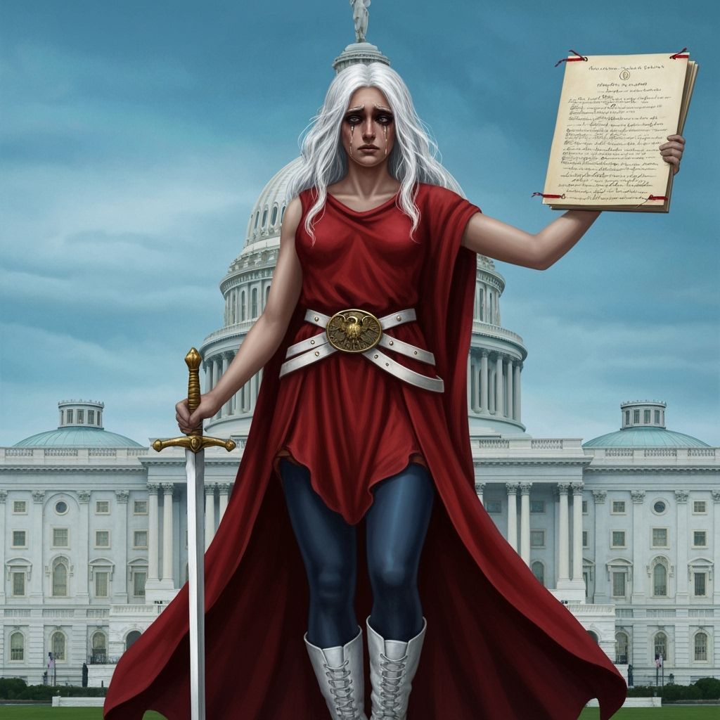 Lady Justice Dressed in Futuristic Dystopian Style