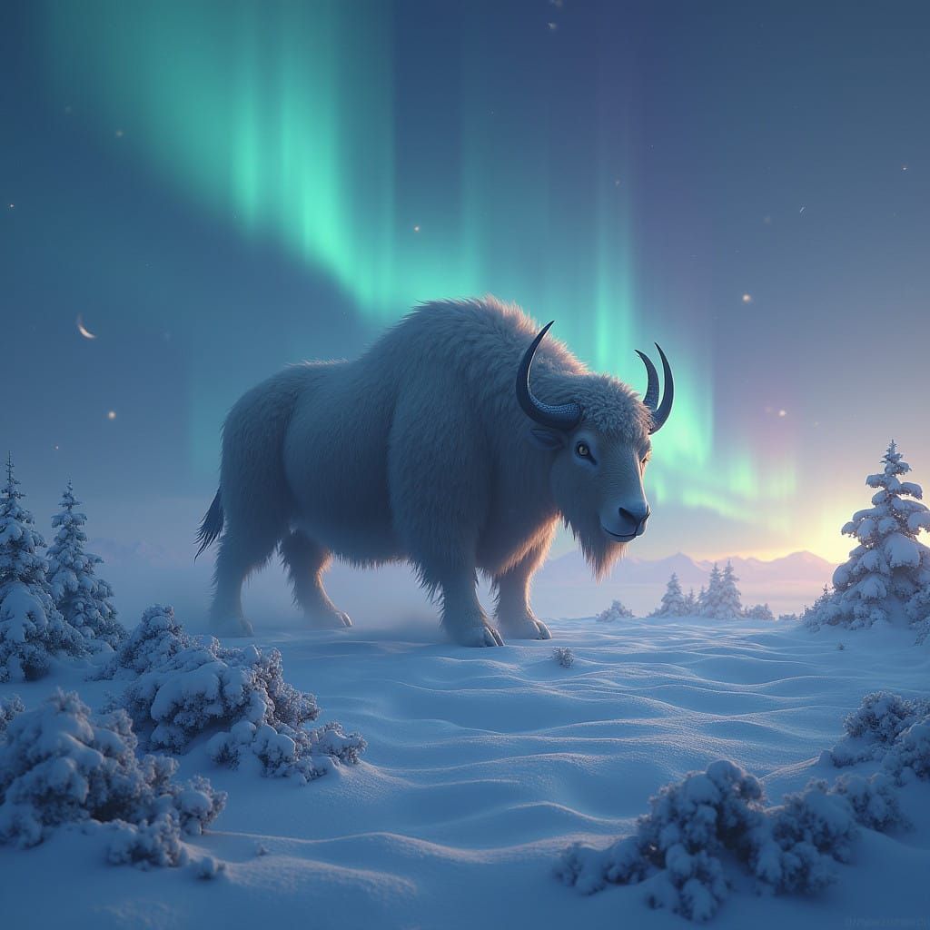 Fantastical Woolly Minotaur Under Arctic Auroras