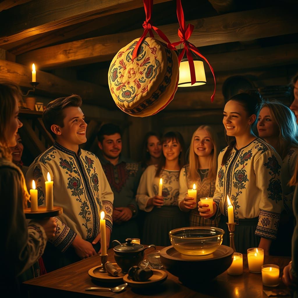 Traditional Ukrainian House Scene in Warm Candlelight