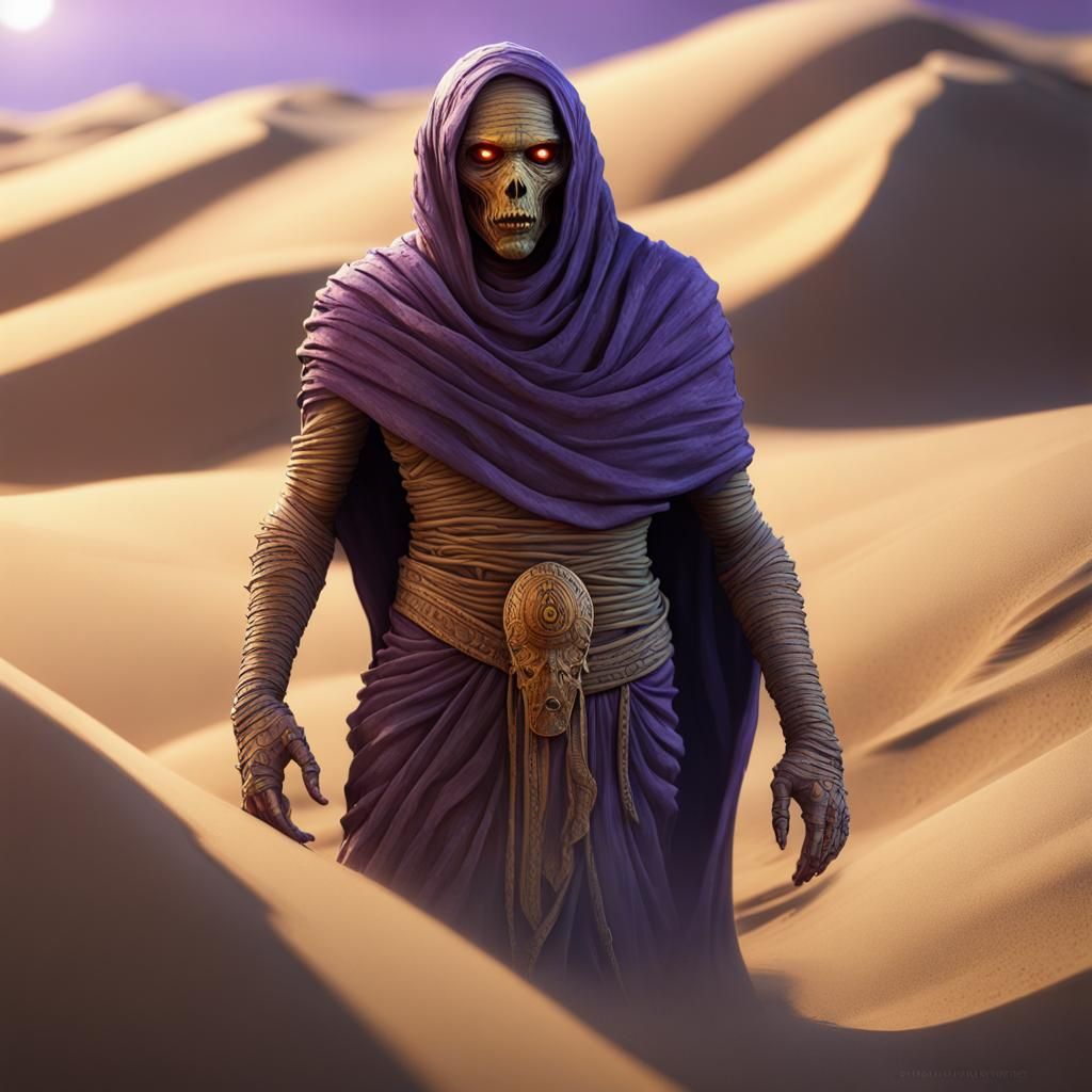 Dark Fantasy Mummy in Desert Landscape