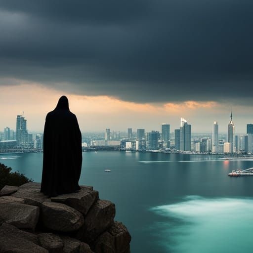 Menacing Figure Overlooks Metropolis in Dramatic Lighting
