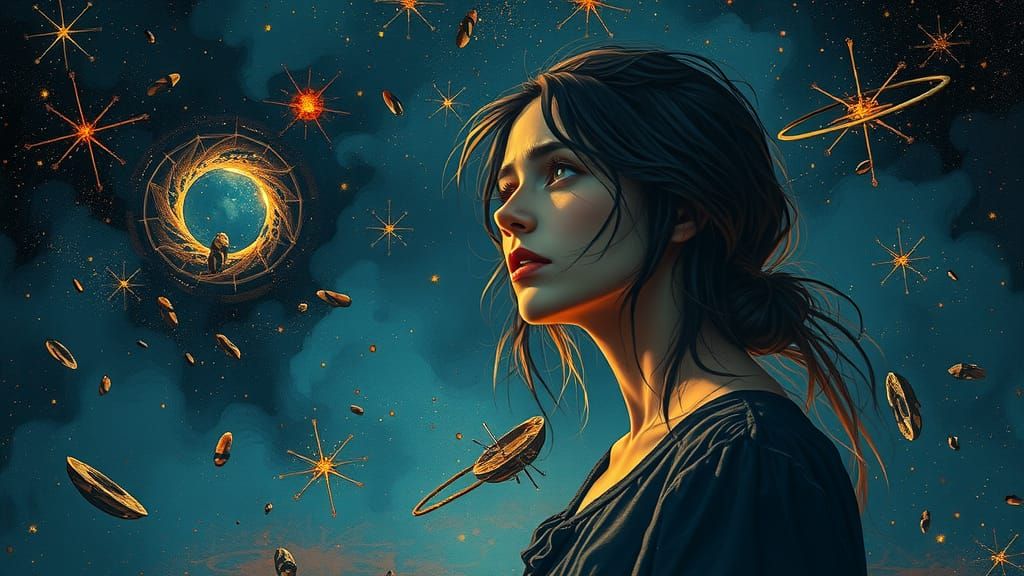 Heartbroken Woman in Astral Landscape in Mixed Media Style