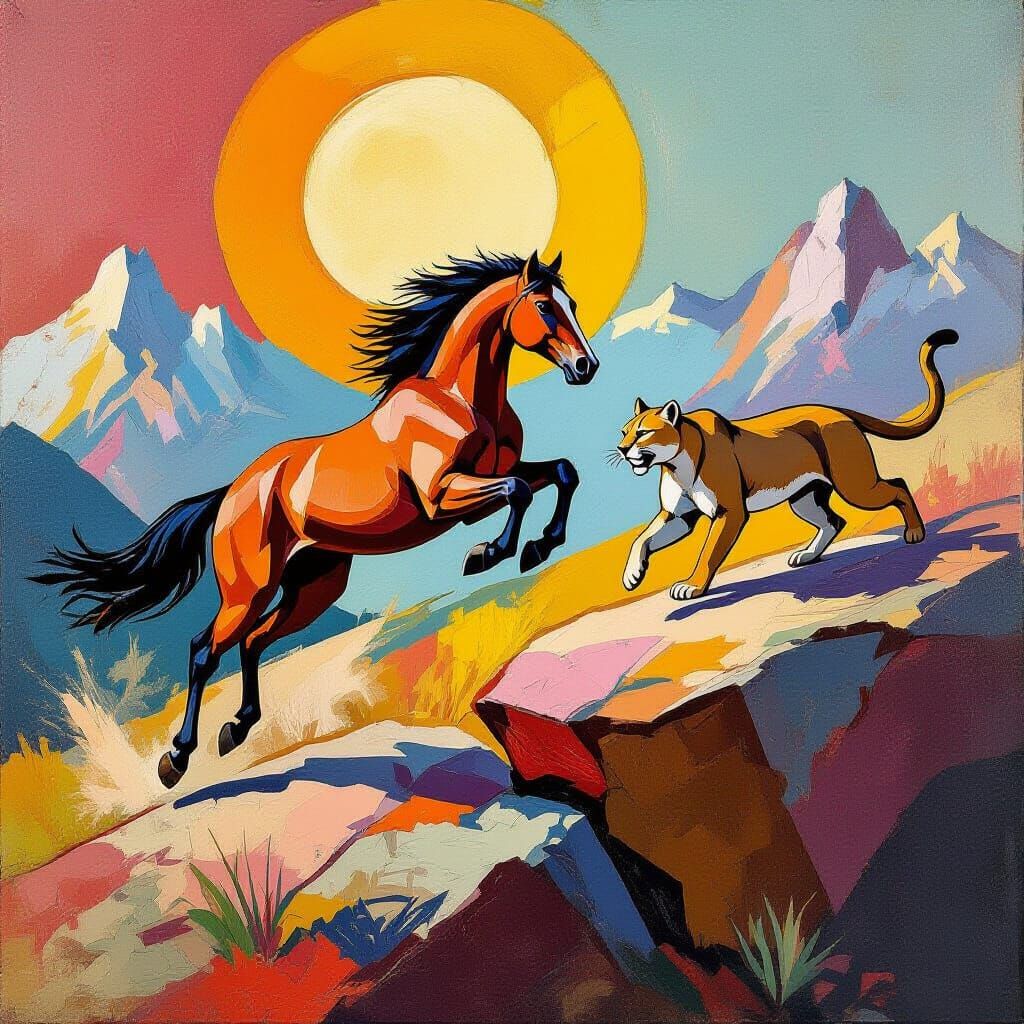 Horse Leaping Over Rock With Mountain Lion In Pursuit