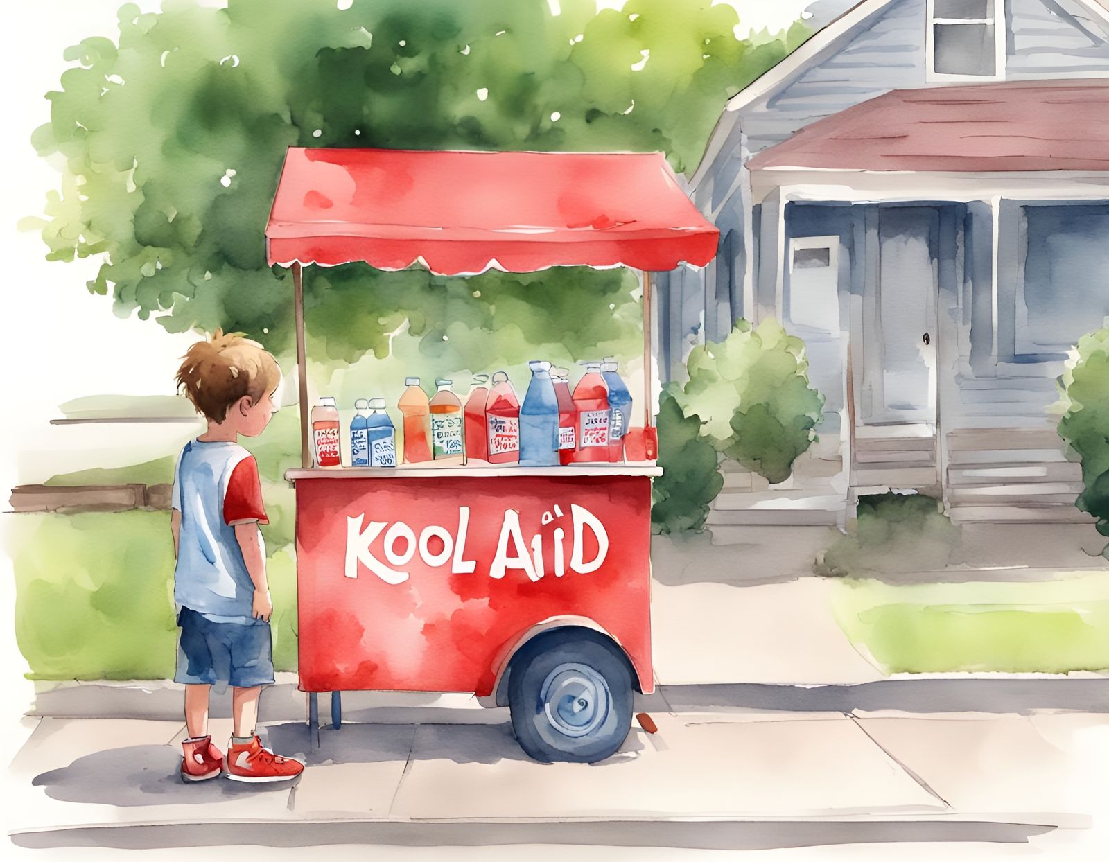 Boy's Kool-Aid Stand in Loose Watercolor Style