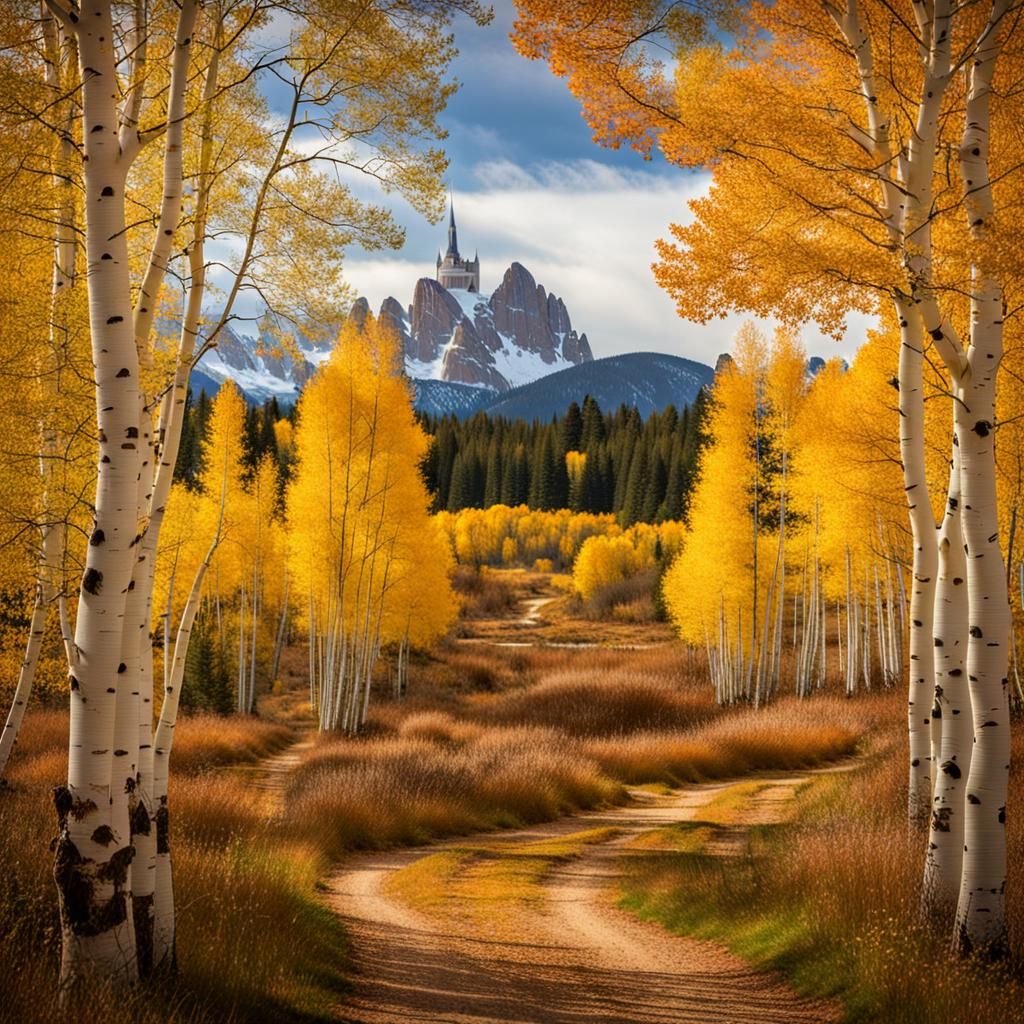 Autumn Path Through Aspen Forest to Church