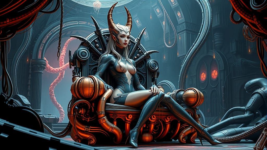 Synthetic Woman on Biomechanical Throne in Dark Surrealism