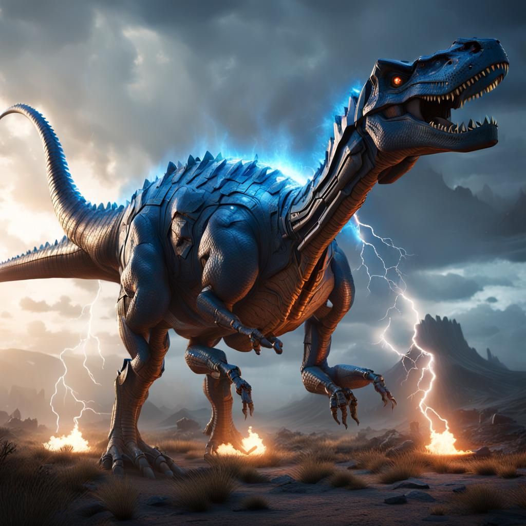 Futuristic Mech Dinosaur with Blue Fire Breath