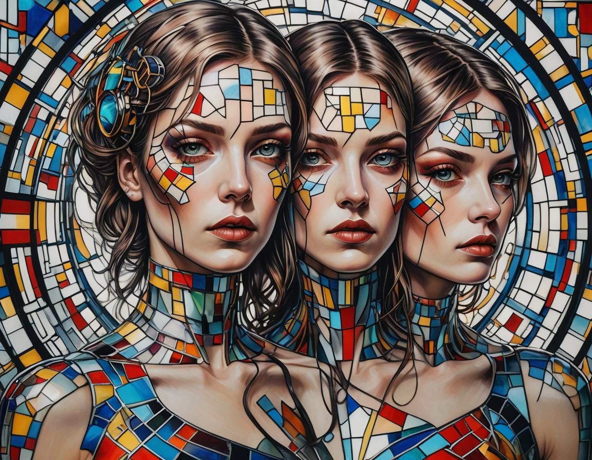 Stained Glass Future Women with Cybernetic Tattoos
