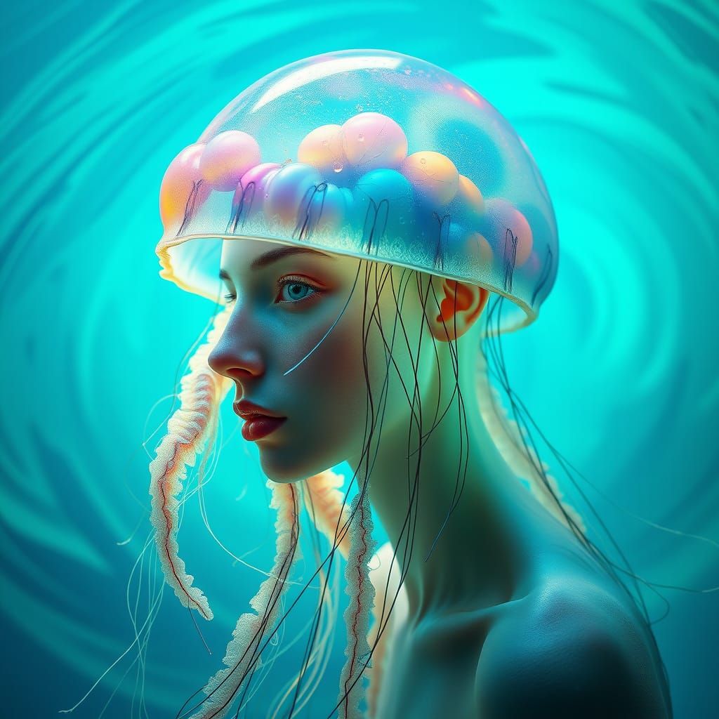 Hyperrealistic Hybrid of Jellyfish, Human, and Peacock