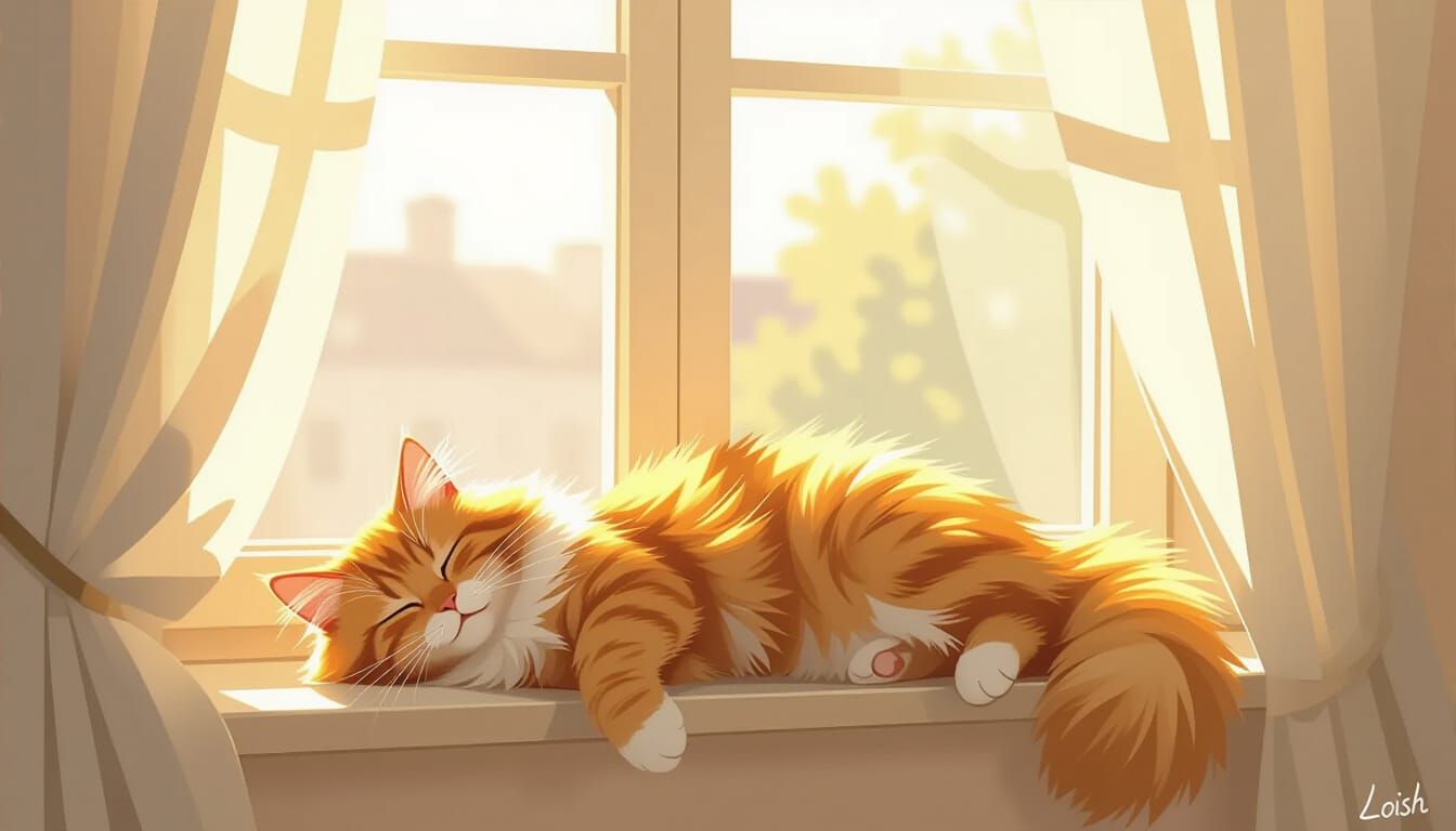 Fluffy Ginger Cat Napping on Sunny Windowsill