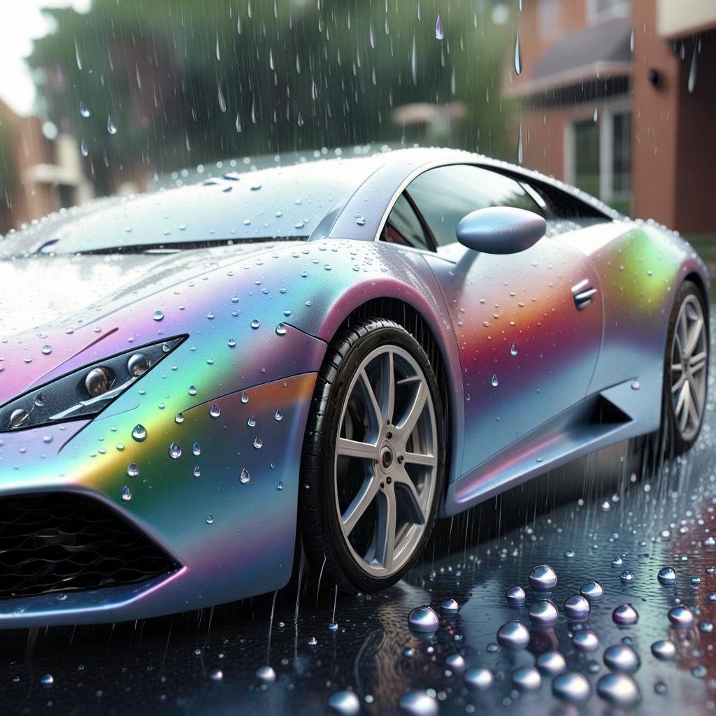 Rainbow Lamborghini: Hyperrealistic Rain Droplets