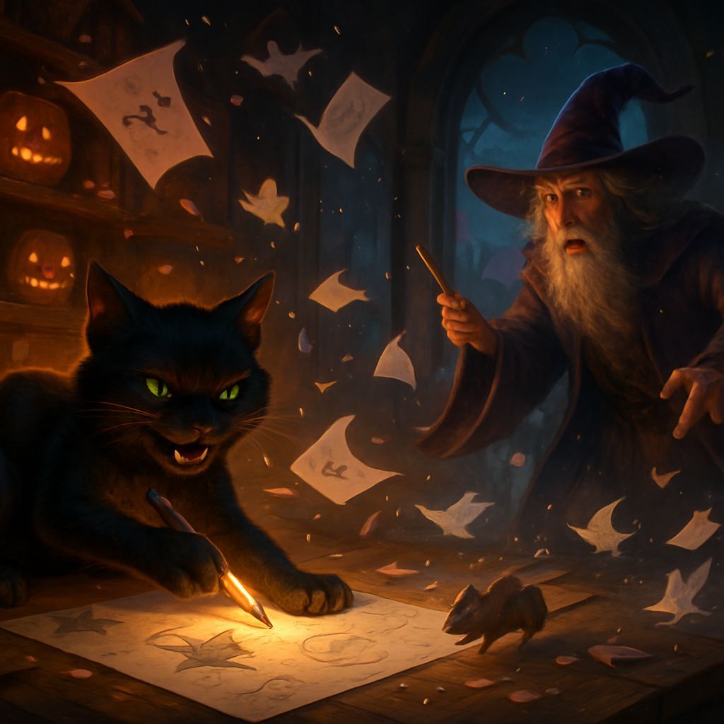 Black Cat Steals Enchanted Pencil in Magical Study
