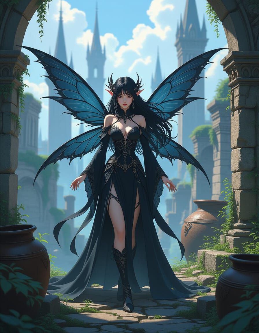 Gothic Fairy Goddess in Ruins: Anime Cel-Shaded Style