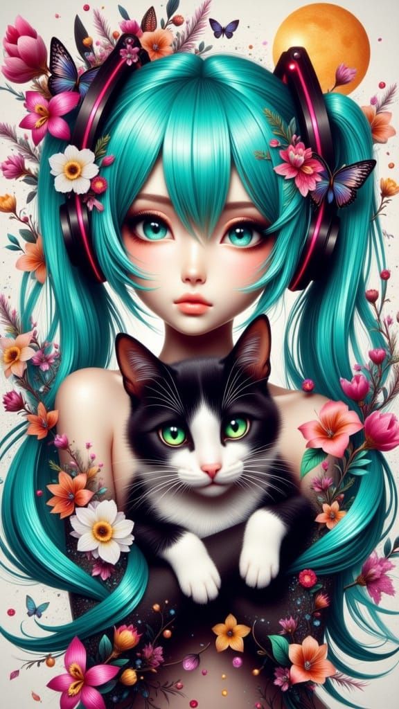 Vibrant Double Exposure Portrait of Miku and a Tuxedo Cat