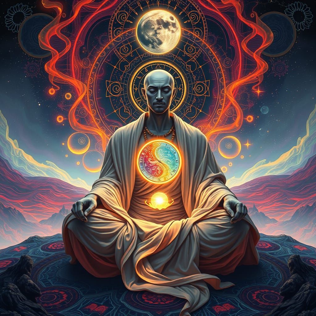 Mystical Shaman in Cosmic Meditation, Vibrant Psychedelic Ar...