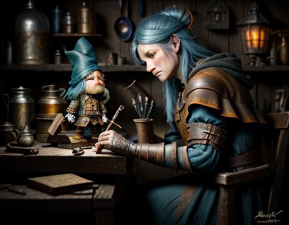 Gnome Repairing Automaton in Dark Fantasy Illustration