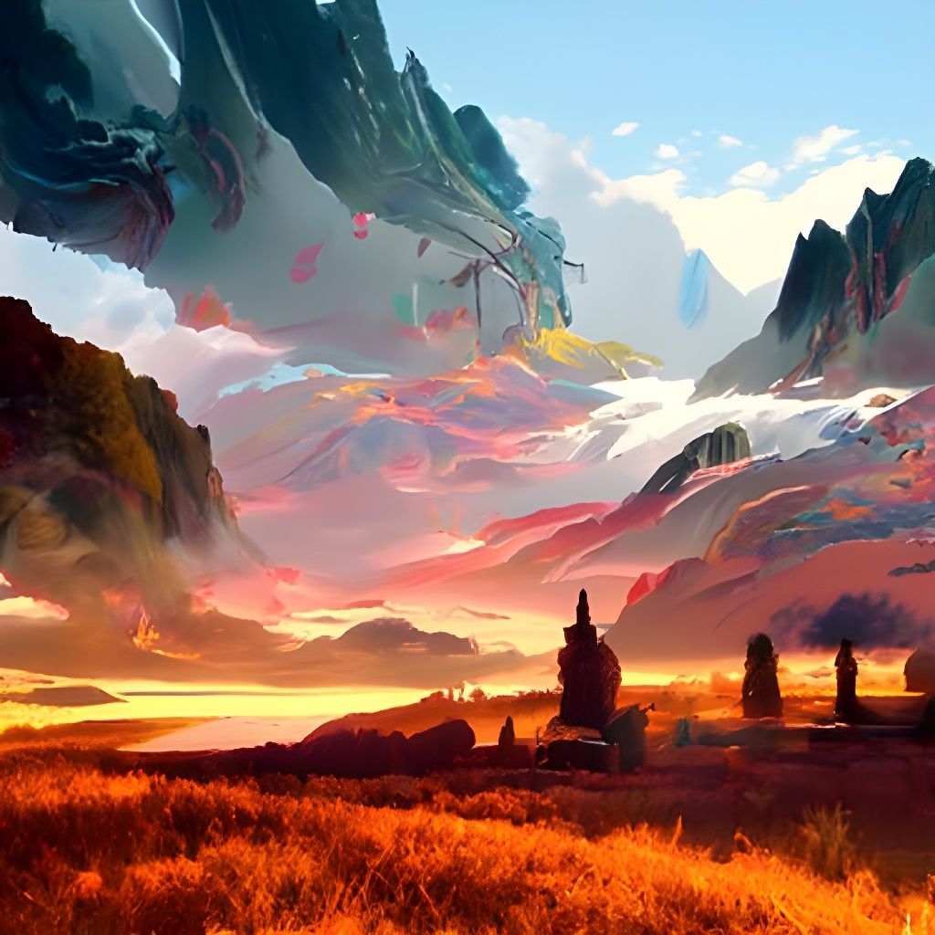Vast Colorful Sunset Mountain Landscape Painting