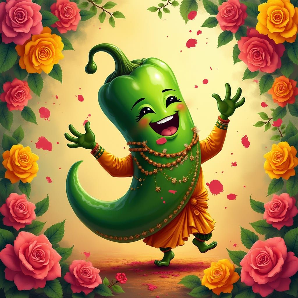 Vibrant Green Chilli Pepper Dances with Roses in Whimsical H...