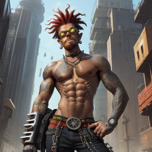 A tall above average weight (hippie punk) with wirey muscles cyborg enhancements guy with (big curly hair) (wearing gogg...