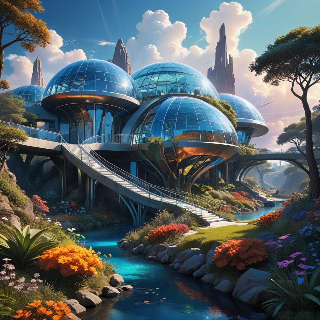 Surreal Solarpunk Village Thrives Amidst Lush Ecosystem