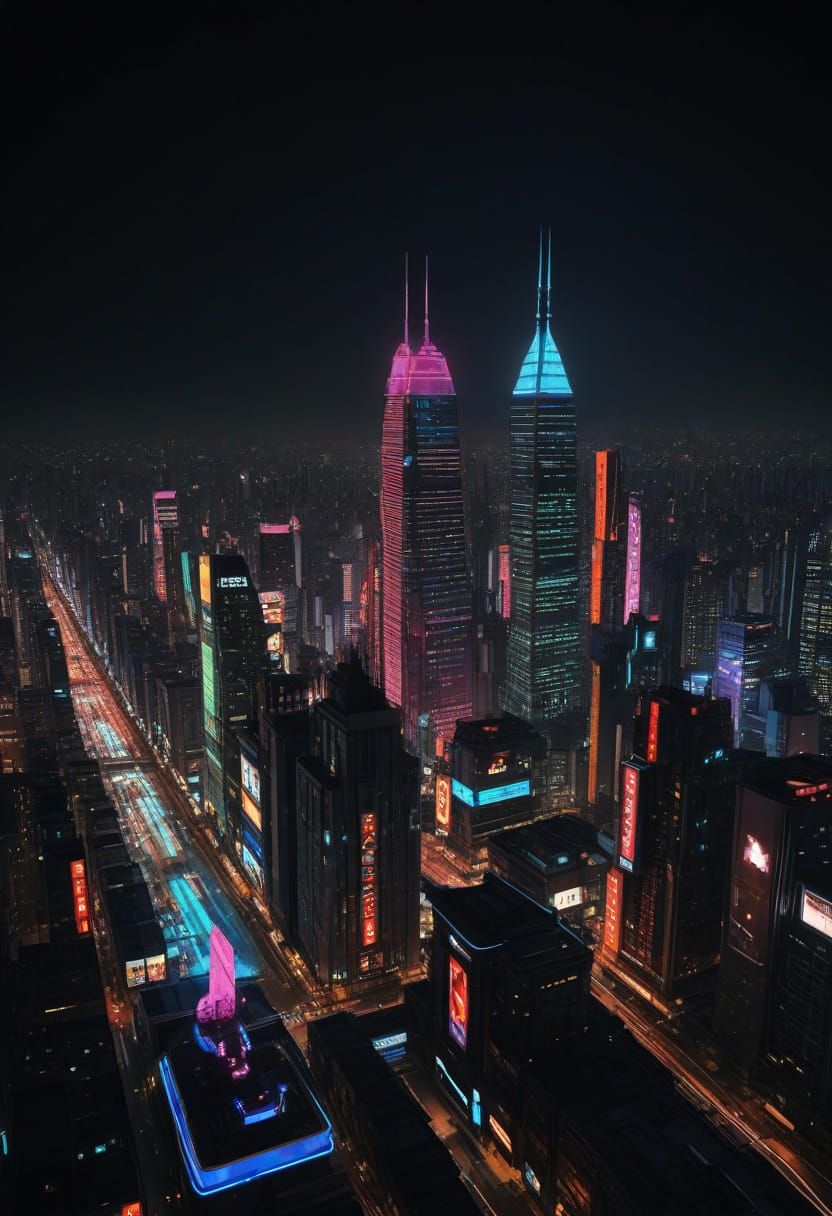 Cyberpunk Cityscape at Night with Neon Lights and Flying Veh...