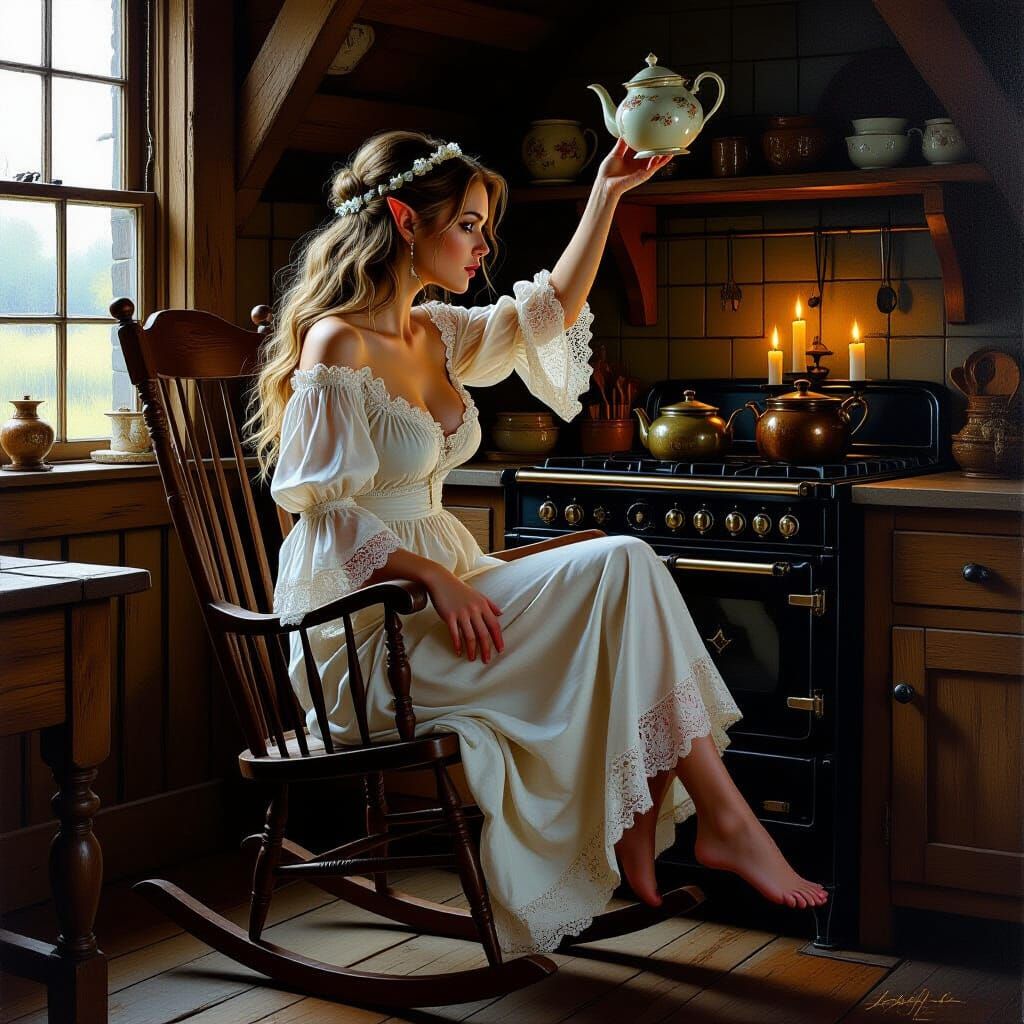 Elf Reaching for Teapot in Hyperrealistic Oil Painting