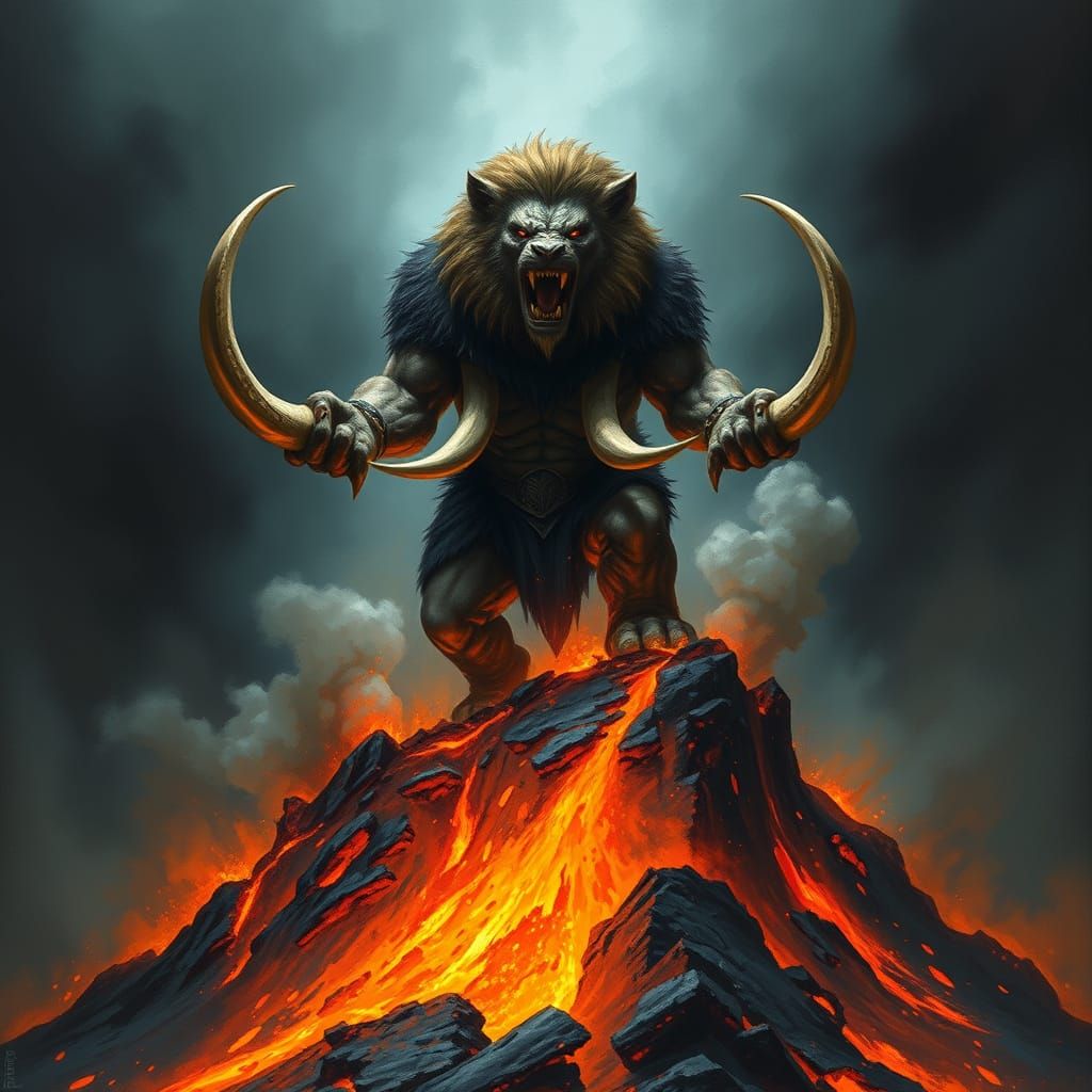 The Tusk: Lion-Faced Villain on Fiery Volcano