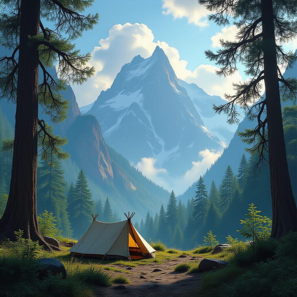 Nomad Tent Below Giant Mountain in Forest