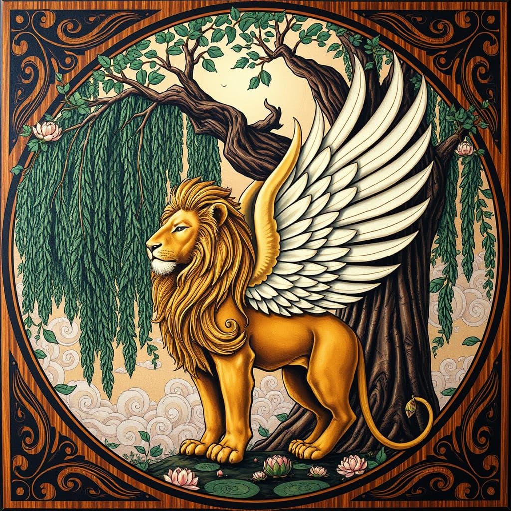 Winged Lion Under Willow Tree in Art Nouveau Style