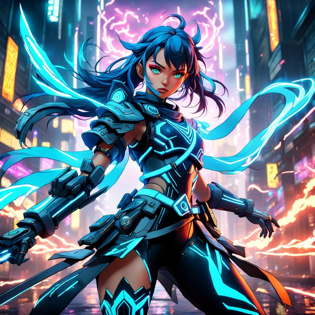 Anime Neon Warrior Girl Digital Art