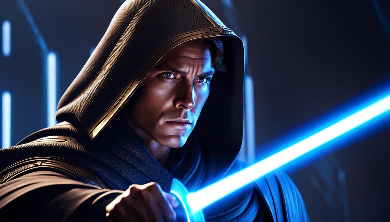 Jedi Knight Defending with Energy Shield in Hyperrealism