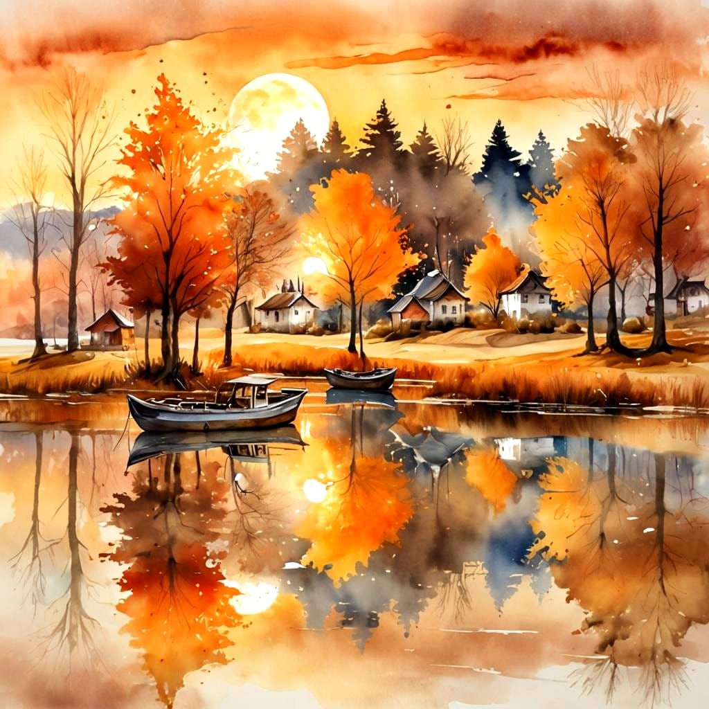 Watercolor Autumn Village Sunset with Moon