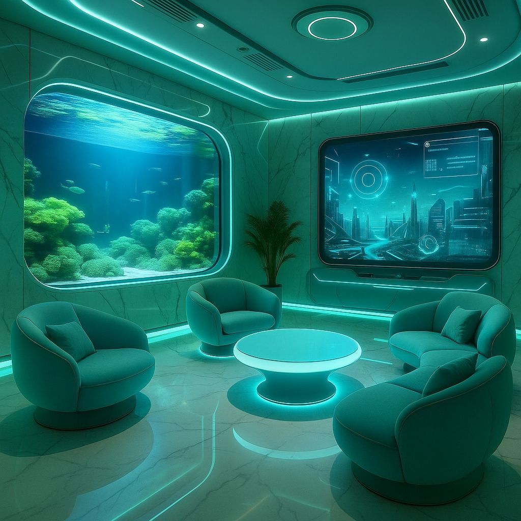 Futuristic Living Room with Aquarium and Tech