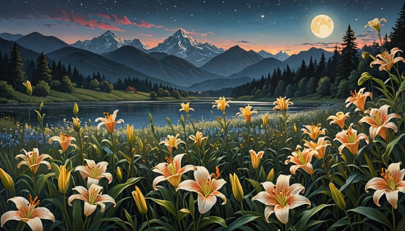 Midnight Lily Field: Hyperrealistic Oil Painting