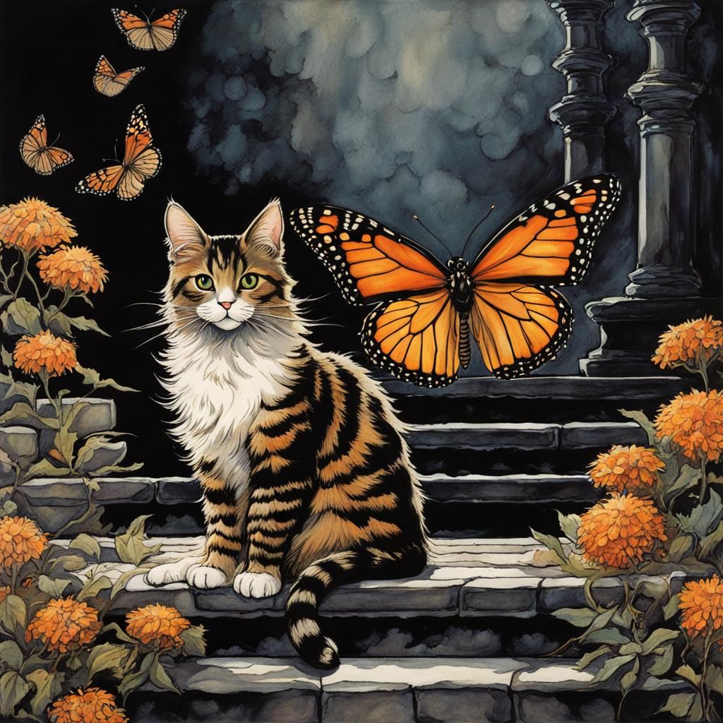 Fairytale Cat with Monarch Butterflies in Anime Style