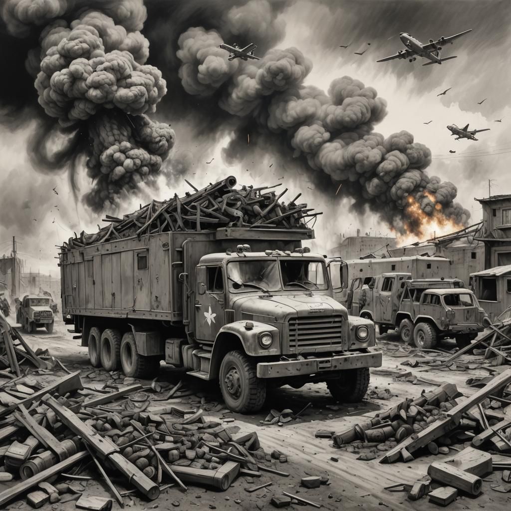 Charcoal Drawing of War-Torn Battlefield with Damaged Medic ...