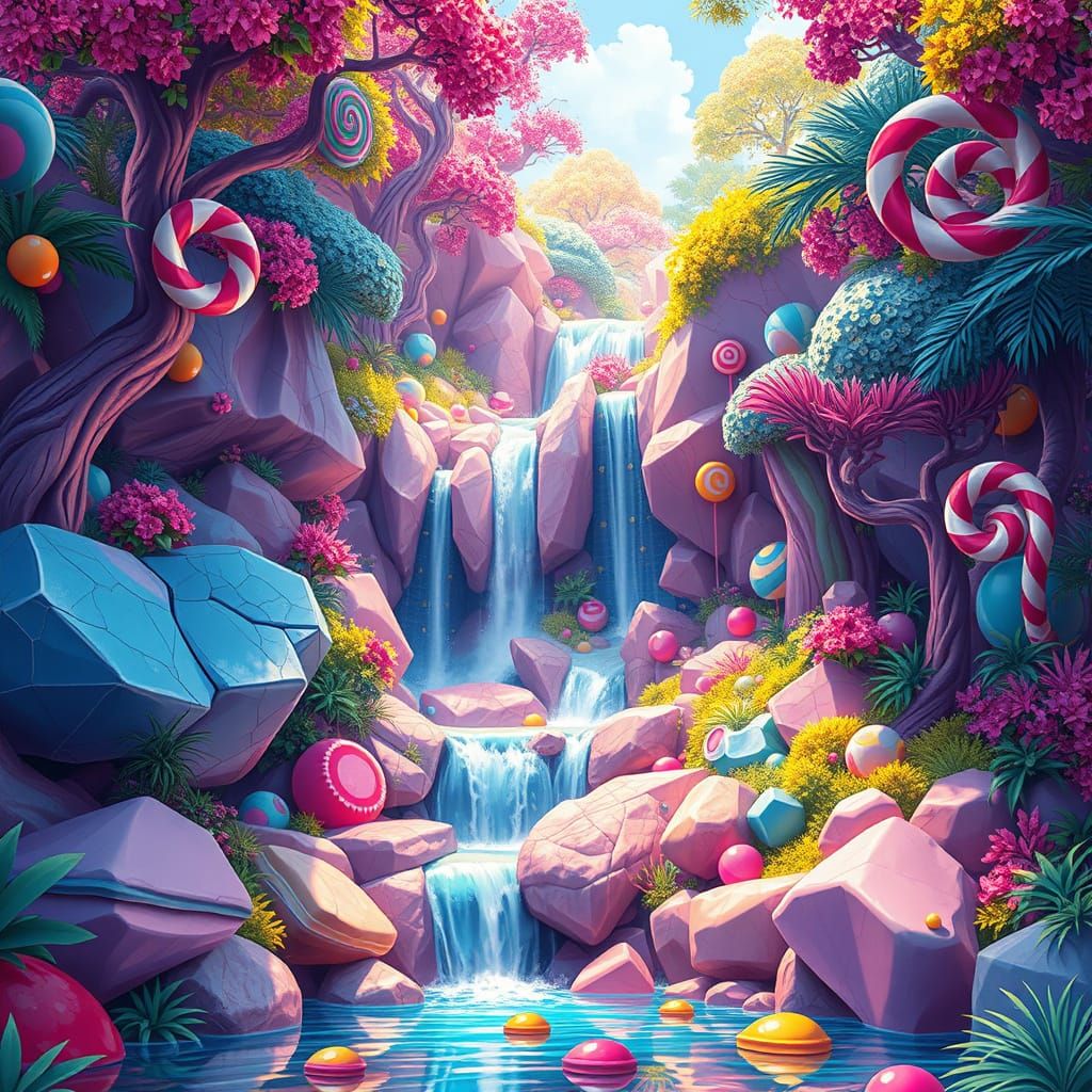 Candy Waterfall in Whimsical Digital Illustration